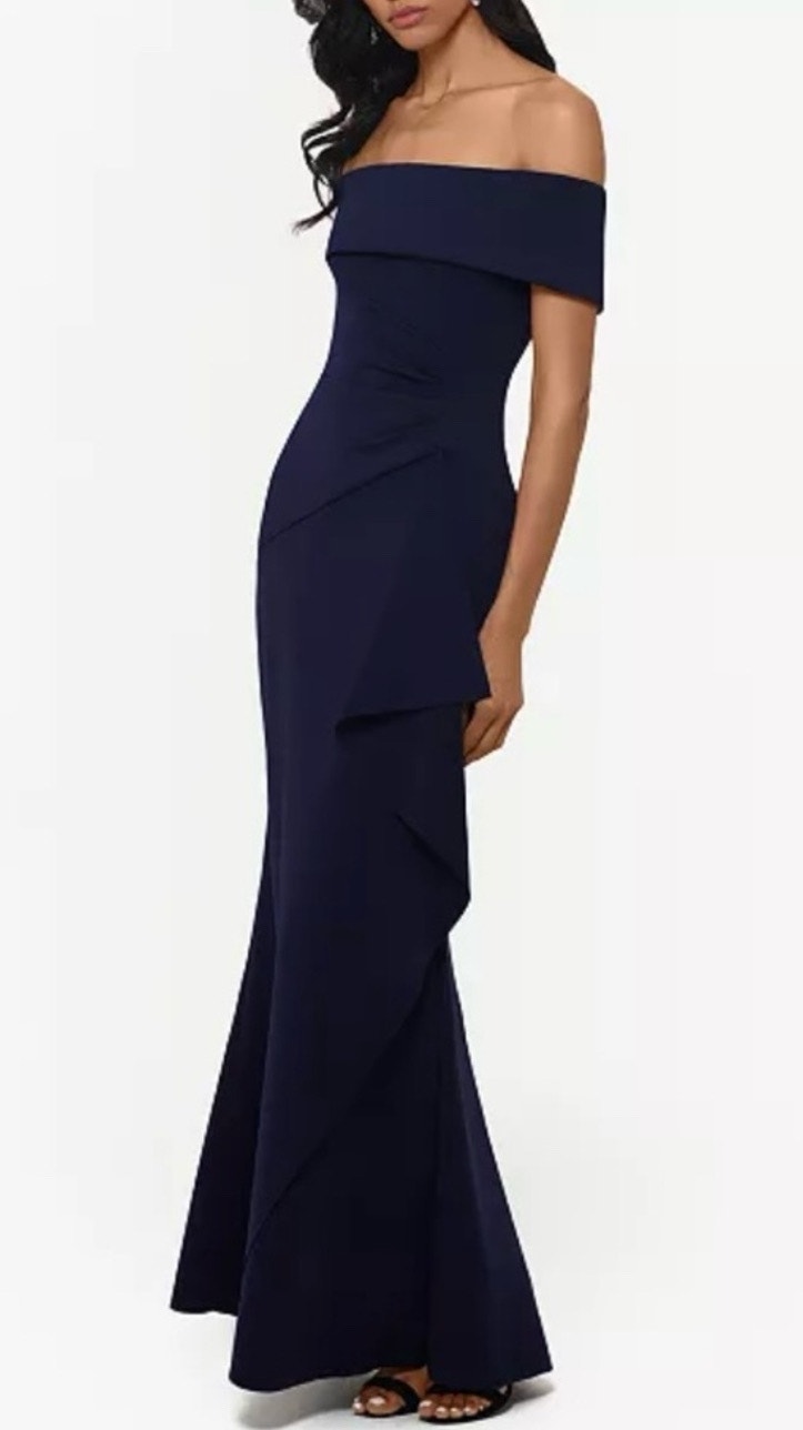 Xscape Dress Sz 10 Ruffle Off The Shoulder Gown Evening Wedding Formal Navy Nwt